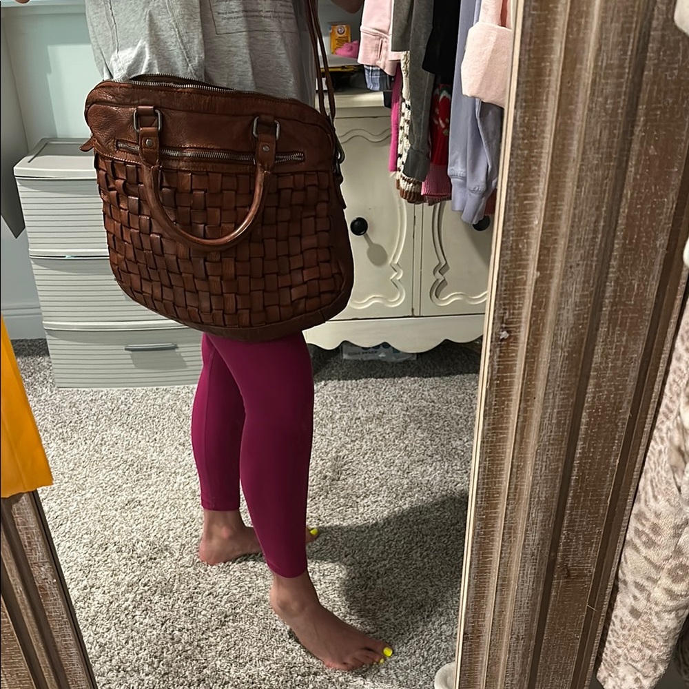 Brown Woven Leather Laptop Crossbody Bag